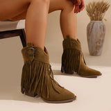 Women Ankle Boots Autumn  Suede Chelsea Boots Pointed Toe Tassel High Heel Shoe Rivet Fashion Retro Cowboy Boots Botas Mujer