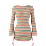 S - XL Striped Long Sleeve Cover Up Bikini Female Swimsuit Women Swimwear Bather Bathing Suit Swim Three-pieces Bikini set K8128
