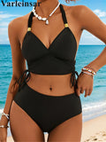 S - XXL 2026 Ribbed Halter Mid Waist Bikini Female Swimsuit Women Swimwear Two-Pieces Bikini Set Bather Bathing Suit Swim V6447