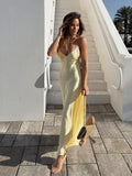 Foridol V Neck Backless Satin Long Dress Women Sexy Beach New in Maxi Summer Dress Spaghetti Strap Yellow Party Vestidos 2025