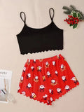 Women's Sleepwear Christmas Santa Print Pajama Set Spaghetti Strap Crew Neck Top and Shorts Set Home Wear Loungewear