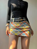Plaid Double Waistband A-line Short Skirt  Women American Style Street High Waist Casual Collision Color Wrap Hip Skirt OJR7