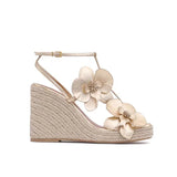 Flower Square Toe High-Heeled Shoes for Women, Slope Heels, Summer Gold One-Piece Sandals High-End Grass Woven Sandals for Women