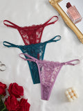 3Pcs/Set Women Sexy Floral Lace Thong Panties Low Waist Hollow Lace Sexy Lingerie Adjustable Thin Strap Underwear