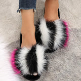 Mix Color Faux Fur Cotton Slippers for Women Open Toe Non Slip Plush Slippers Woman 2025 Lightweight Indoor Flats Slides Mujer