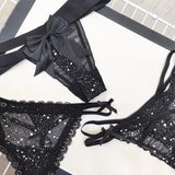 Sexy Women's Thong Erotic Cross Hollow T Pants Starry Sky Shiny Sequins Black Mesh Transparent Bow Perspective Briefs Lingerie