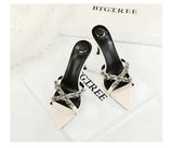 Water Diamond Women's Sandals Summer Cross Band High Heel Slip-On Shoes Leather Material Anti-Slip Rubber Sole Casual Style