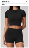 Color Contrast Yoga Suit Women Short Sleeve O Neck Sports T Shirts Tracksuit Outwear High Waist Shorts Gym Running Fitness Suits