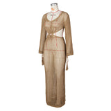 DEKA New Sexy Knit Mesh Cut Out Deep V Neck Long-sleeve Lace-up Fringe Tunic Summer Women Swimsuit Cover-ups Beach Maxi Dress