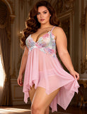 Pink Mesh Print Lace Sleep Dress for Women See Through Midi Nightgown with Panties Plus Size S-4XL