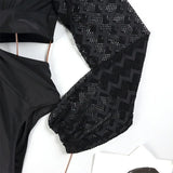 One Piece Swimsuit Sexy Long Sleeve Tropical Print Swimwear Women Bandage Monokini Hollow Out Bathing Suit String Beachwear 2023