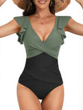 2026 Sexy Ruffle Swimsuit One Piece V-neck Drawstring Swimwear Women Bathers Bathing Swimming Swim Suit Female Beachwear XXL