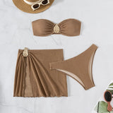 With Skirt Wrinkled Bandeau Bikini Female Swimsuit Women Swimwear Three-pieces Bikini Set Metal Ring Bathing Suit Swim Beachwear