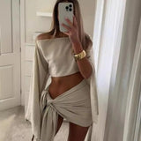 2Pcs/Set Summer Women Cover-Ups Sloping Shoulder Long Sleeve Tops High Waist Lace-up Mini Skirt Set UV Protection Beach Outfit
