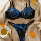 Toucheart Sexy Bra Underwear Set For Women Embroidery Butterfly Printing Patchwork Mesh Hollow Out Perspective Underwear Suit