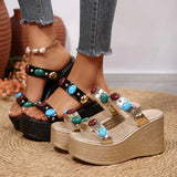 Fashion Gems Chunky Wedges Sandals Women Summer Plus Size 43 Platform Slippers Woman 2026 Gold Super High Heeled Sandalias Mujer