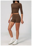 Yoga Sets Women Half Sleeve O Neck Slim Sports T Shirts High Waist Short Fitness Suit Outdoor Gym Running Workout Tracksuit