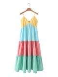 Foridol Multicolor Patchwork V Neck Sundress Smocked Strap Sleeveless A-line Female Midi Casual Summer Women Vestidos 2025