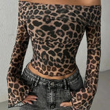 Autumn Women's T-shirt New Streetwear Fashion Long Sleeves O-Neck Tees Sexy Leopard Backless Female Versatile Knitted Clothing