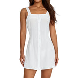 Women Solid Color Square Collar Short Dresses Sleeveless Buttons Off Shoulder Casual Party Summer Spring Dress