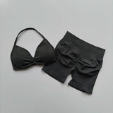 2PCS Backless Sports Bra High-Waisted Yoga Shorts Set Sexy Neck Hanging Design Abdomen Hip Lifting Fitness Outfit