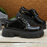 Black Patent Leather Platform Loafers Women 2025 Autumn Thick Bottom Pu Leather Shoes Woman Plus Size Lace Up Student Shoes 42