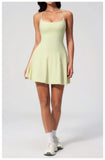 Women Tennis Dress with Shorts Pocket Square Neck Hollow Back Sleeveless One Piece Sports Outfit Fitness Pleate Mini Dresses