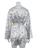 Marthaqiqi Fashion Ladies Nightgowns Suit Turn-Down Collar Robe Lace Up Pajama Long Sleeve Sleepwear Shorts Printing Nightie Set