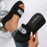 Rhinestone Decor Platform Slippers Women Summer Elastic Band Wedge Heels Sandals Woman Non Slip Lightweight Outdoor Slides 36-42