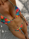 2026 Trendy String Bikini Set Triangle Top Side Tie Bottoms with Metallic Pendant  Solid Color Contrast Trim Women Swimwear