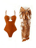 Vintage Orange Floral Print Skirt Swimwear Sets Women Starfish Hollow Out Tummy Control Bathing Suit Holiday One Piece Swimsuit