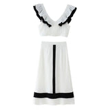 Women's Contrast Color V-Neck Ruffle Top And Skirt Women White Ruffle Trim Crop Top Skirt Casual Summer Outfit Pure Desire 0U19