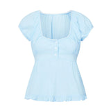 Summer Women Short Sleeve T-shirt Solid Color Low-necked Pleated Hem Casual Tops Y2K Retro Shirts