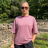 Summer Women's Loose T-shirt Casual Stylish Striped Crew Neck Short Sleeve Drop Shoulder Tee Tops
