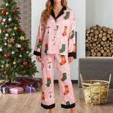 Women's Christmas Pajamas Set Long Sleeve V Neck Stocking Tree Print Tops and Pants Lounge Wear Two Pieces Suits