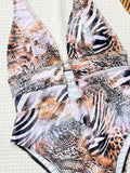 Tiger Printed Halter Deep V Neck One Piece Swimsuit Women Swimwear Female Backless Monokini High Cut Bathing Suit Swim Bodysuit