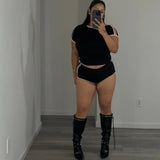 2026 New Women's Sexy Hot Girl Slim Fit Crop Top Shorts Set Solid Color Block High Waist Shorts Two Piece Outfit