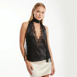 Women’s Solid Color Satin Halter Tops Lace Deep V Neck Backless Vest Summer Elegant Retro Sexy Sleeveless Shirts