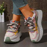 New Mixed Color Chunky Platform Sneakers Women 2026 Fashion Lace Up Thick Bottom Vulcanized Shoes Woman Non Slip Old Dad Shoes