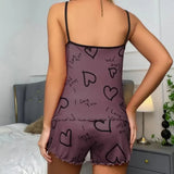 Summer Casual Pajamas Set for Women Sleepwear Red Heart Print Round Neck Ice Silk Top T-Shirt and Shorts Sets Loungewear