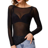 Sexy Women T Shirt See Through Mesh Black Long Sleeve Tees Sheer Slim Fit O Neck Tulle Crop Top Y2k T-Shirt Transparent Clubwear