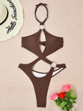 Sexy Tummy Cut Out Halter Women Thong Swimwear One Piece Swimsuit Female High Cut Monokini Rings Bathing Suit Swim Beach Wear