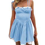 Summer Plaid Mini Cami Dress for Women Fashion Slim Ruffle Trim Tie-up Spaghetti Strap A-line Dresses for Daily Party