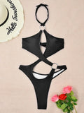 Sexy Tummy Cut Out Halter Women Thong Swimwear One Piece Swimsuit Female High Cut Monokini Rings Bathing Suit Swim Beach Wear