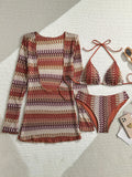 Print With Long Sleeve Cover Up Bikini Women Swimsuit Female Swimwear Three-pieces Bikini Set Bather Bathing Suit Swim Beachwear