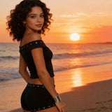 Women Summer 2 Piece Outfits Stylish Studded Sleeveless Off Shoulder Tops and Elastic Waist Shorts Set