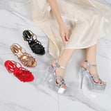 2026 New Silver Narrowband Women's Sandals 14CM Party Banquet Dress Shoes Summer Stiletto Nightclub Platform Crystal High Heels