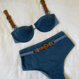 2025 Denim Bikini Set Cowgirl Style with Leather Straps Metal Buckles Perfect for Pool Parties Summer Getaways Poolside Glamour