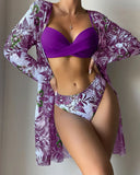 20 Colors Three Piece Bikinis Set Women Sexy Push Up Swimwear Swimsuit Plants Print Bathing Suit Bikini Cover Up Banadores Mujer