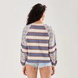Loose Knitted Tops Women Contrast Color Stripe Floral Print Long Sleeve Pullovers Fall Winter Casual Jumpers